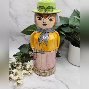 Vintage Portugal Pottery Lady Pitcher Lid Hand Painted Tera Cotta Clay